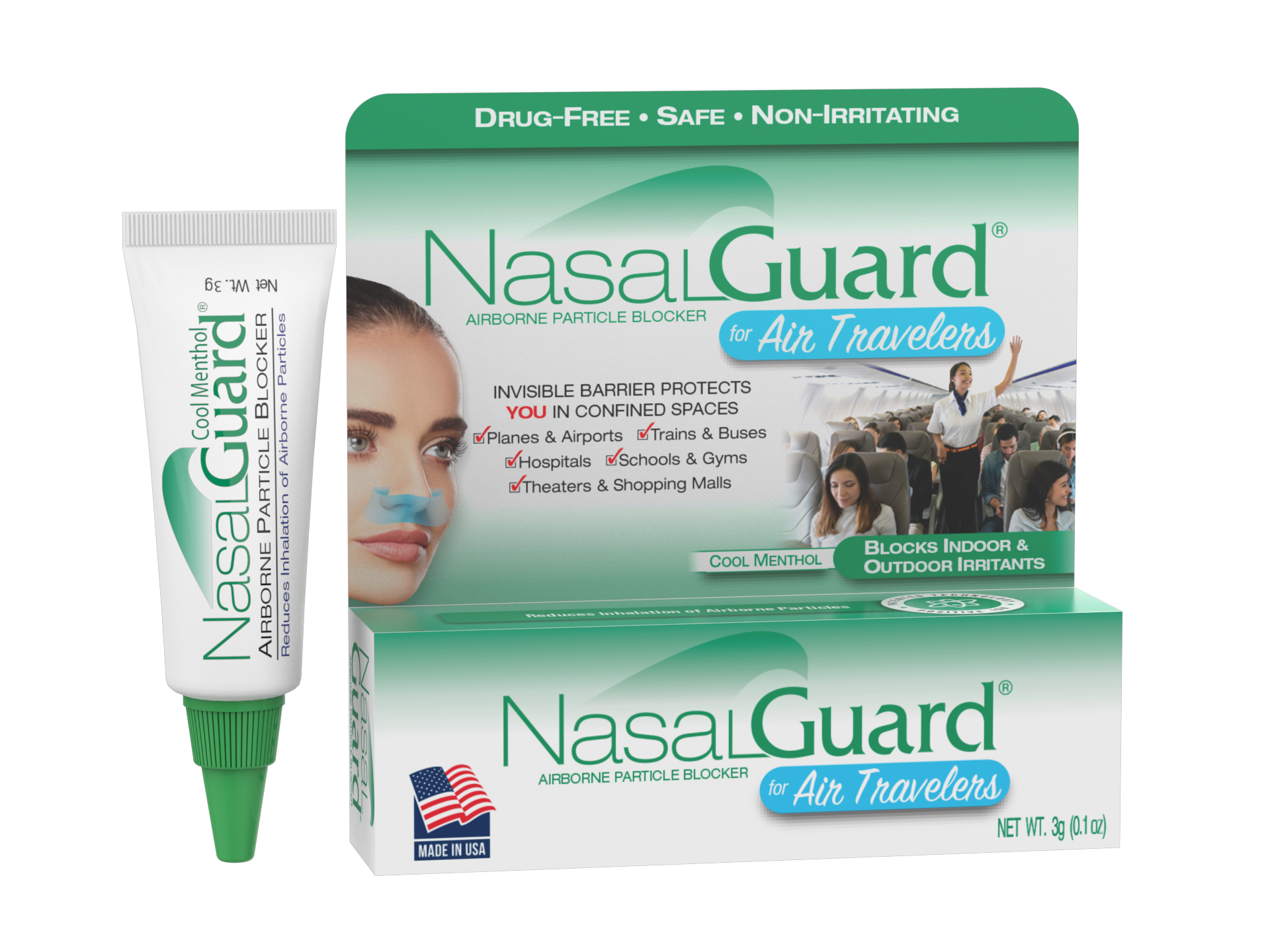 NasalGuard For Air Travelers, Airborne Particle Blocker | Cool Menthol | 3g Tube